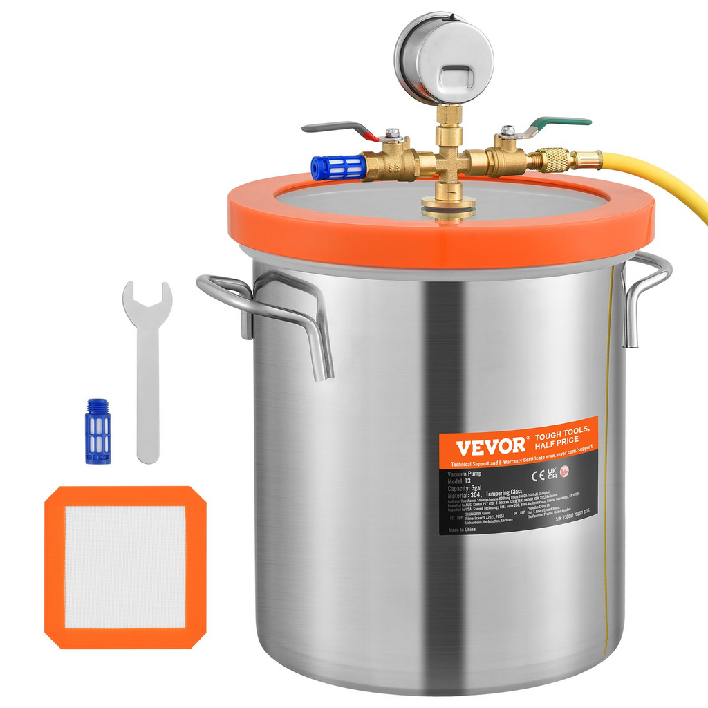 VEVOR 5 Gallon Vacuum Chamber, Upgraded Tempered Glass Lid Vacuum Degassing Chamber, 304 Stainless Steel Chamber, for Stabilizing Wood, Resin Degassing, Silicone Degassing and Plaster Degassing