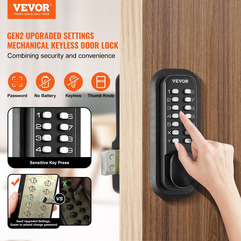 VEVOR Mechanical Keyless Entry Door Lock, 14 Digit Keypad, Outdoor Gate Door Locks Set with Surface-mounted Latch, Water-proof Zinc Alloy, Keypad and Knob, Easy to Install, for Garden, Garage, Yard