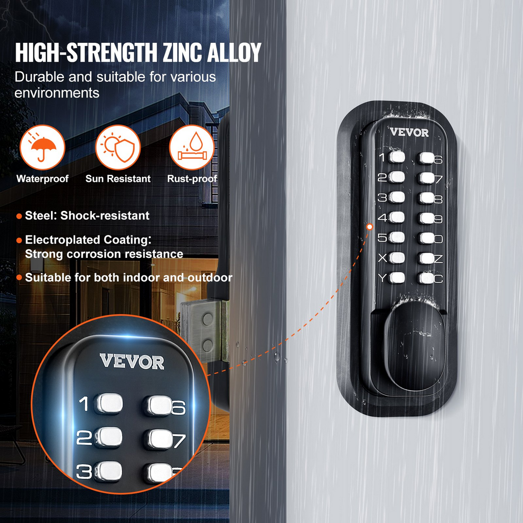 VEVOR Mechanical Keyless Entry Door Lock, 14 Digit Keypad, Outdoor Gate Door Locks Set with Surface-mounted Latch, Water-proof Zinc Alloy, Keypad and Knob, Easy to Install, for Garden, Garage, Yard