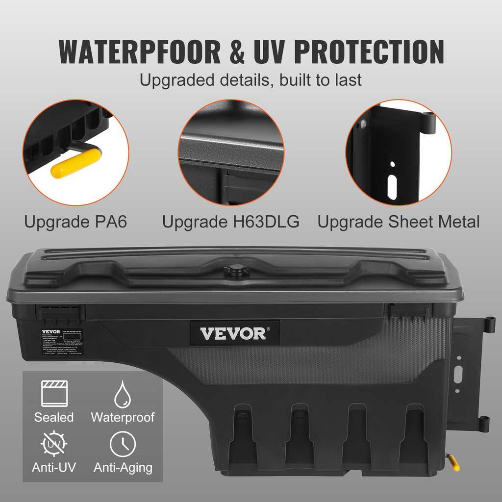 VEVOR Truck Bed Storage Box, Lockable Swing Case with Password Padlock, 6.6 Gal/25 L ABS Wheel Well Tool Box, Waterproof and Durable, Compatible with Ford Super Duty 2017-2021, Passenger Side