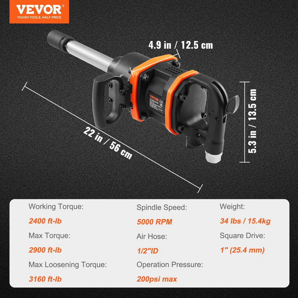 VEVOR Llave de impacto neumática de 1 pulgada, hasta 3160 pies-libras de alta salida de torque inverso estuche de transporte