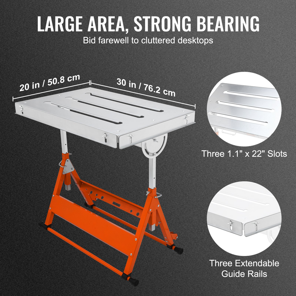 VEVOR Mesa de soldadura de 30 x 20 pulgadas, capacidad de carga de 400 libras, banco de trabajo plegable con tres ranuras de 1,1 pulgadas, 3 ángulos de inclinación, altura ajustable, rieles guía retráctiles