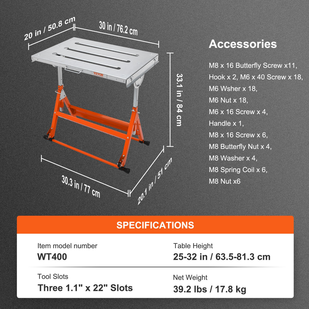 VEVOR Mesa de soldadura de 30 x 20 pulgadas, capacidad de carga de 400 libras, banco de trabajo plegable con tres ranuras de 1,1 pulgadas, 3 ángulos de inclinación, altura ajustable, rieles guía retráctiles