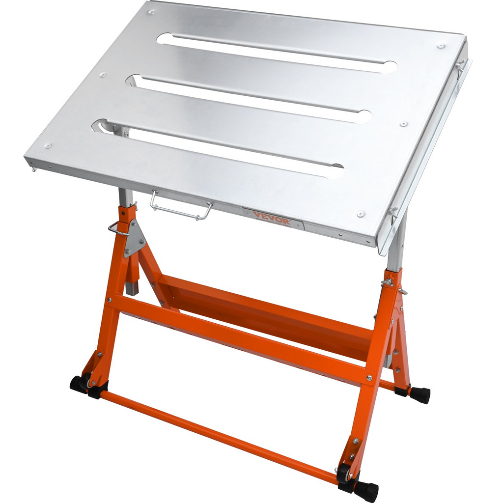 VEVOR Mesa de soldadura de 30 x 20 pulgadas, capacidad de carga de 400 libras, banco de trabajo plegable con tres ranuras de 1,1 pulgadas, 3 ángulos de inclinación, altura ajustable, rieles guía retráctiles