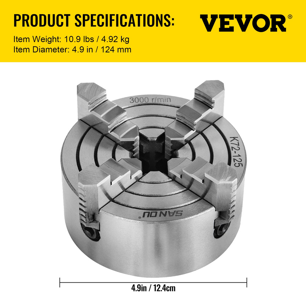 VEVOR K72-125 Portabrocas de torno de 5 pulgadas, 4 mordazas, Mandril de torno, Mandíbula reversible independiente