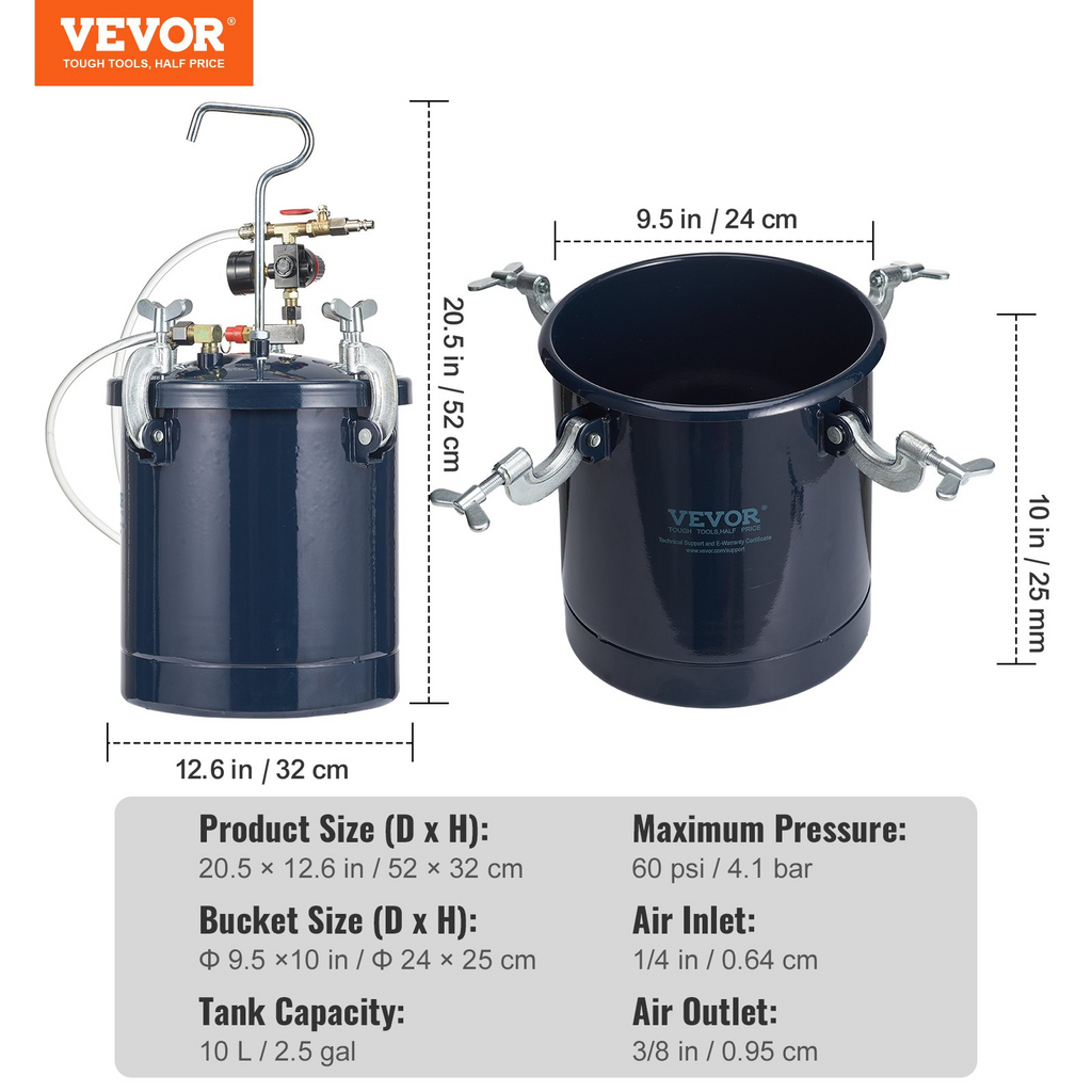 VEVOR Tanque de presión para pintura en aerosol, 10 L/2,5 gal, para pintura de aire, 1,5 mm+4 mm, dos boquillas, dos pistolas de pintura en aerosol, 60 PSI máx.