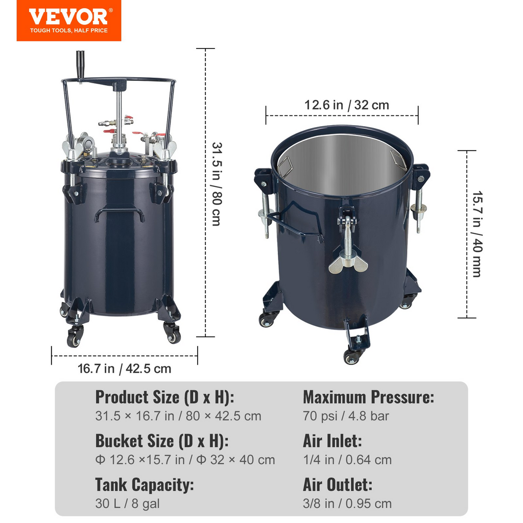 VEVOR Tanque de presión de pintura en aerosol, 30 L/8 gal, con agitador de mezcla manual 70 PSI máx.