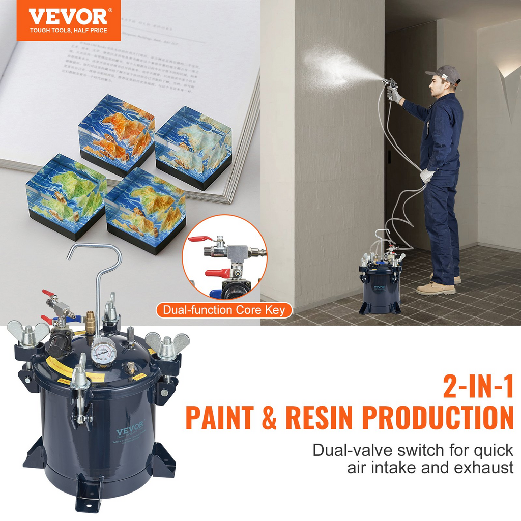 VEVOR Tanque de presión de pintura en aerosol de 10 l/2,5 gal de 70 PSI, estante de metal