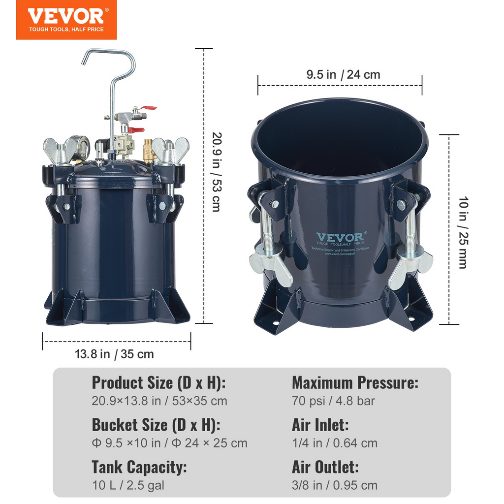 VEVOR Tanque de presión de pintura en aerosol de 10 l/2,5 gal de 70 PSI, estante de metal