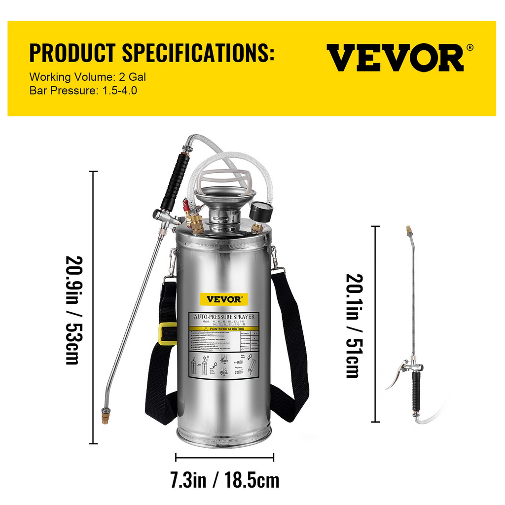 VEVOR Pulverizador de acero inoxidable de 2 galones, juego con varita de 20 pulgadas y mango y manguera reforzada de 3 pies