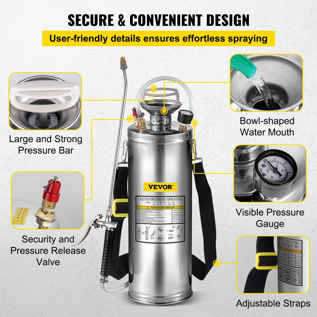 VEVOR Rociador de acero inoxidable de 3 galones, juego con varita de 20 pulgadas, mango y manguera reforzada de 3 pies