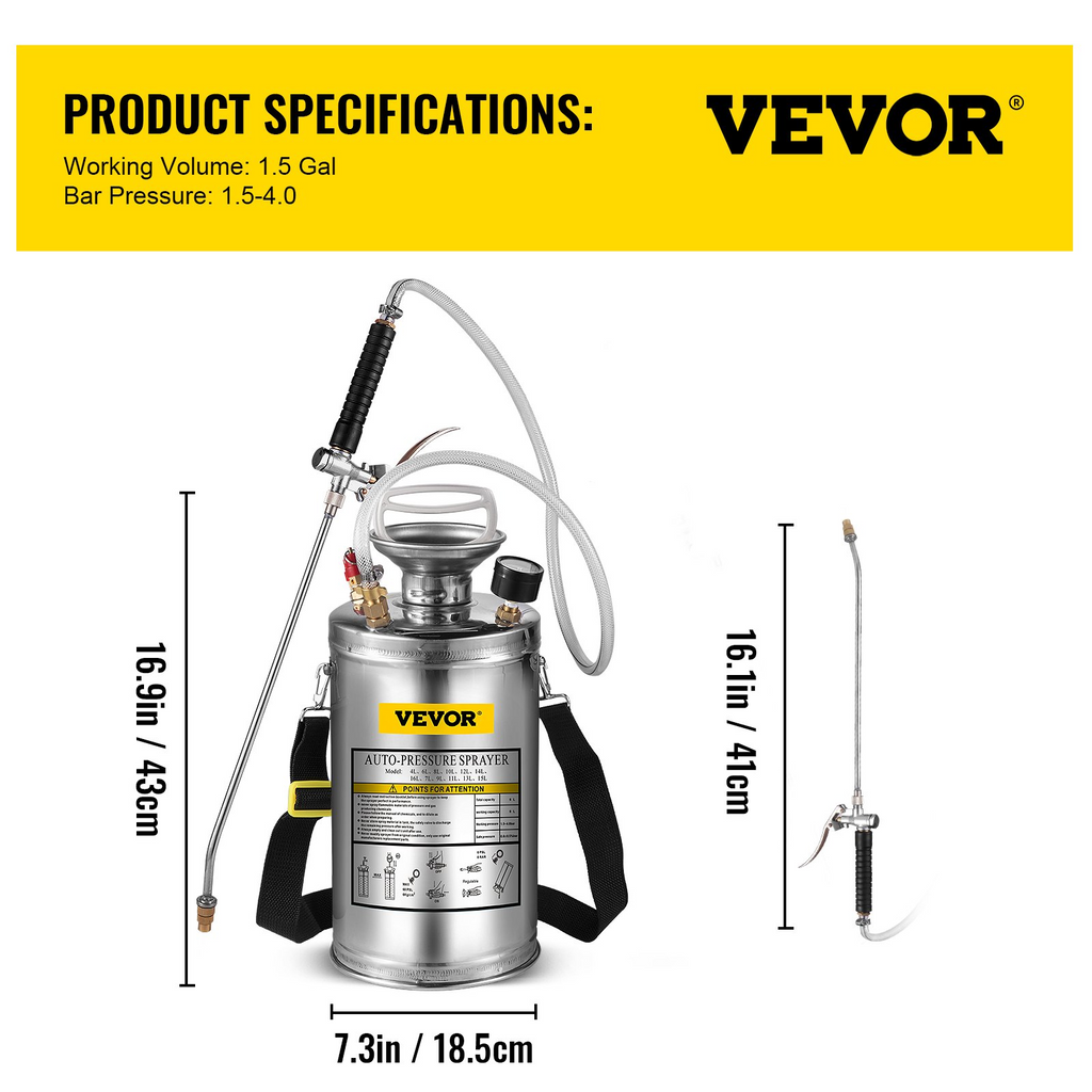 VEVOR Pulverizador de acero inoxidable de 1,5 galones, juego con varita de 16 pulgadas, mango y manguera reforzada de 3,3 pies