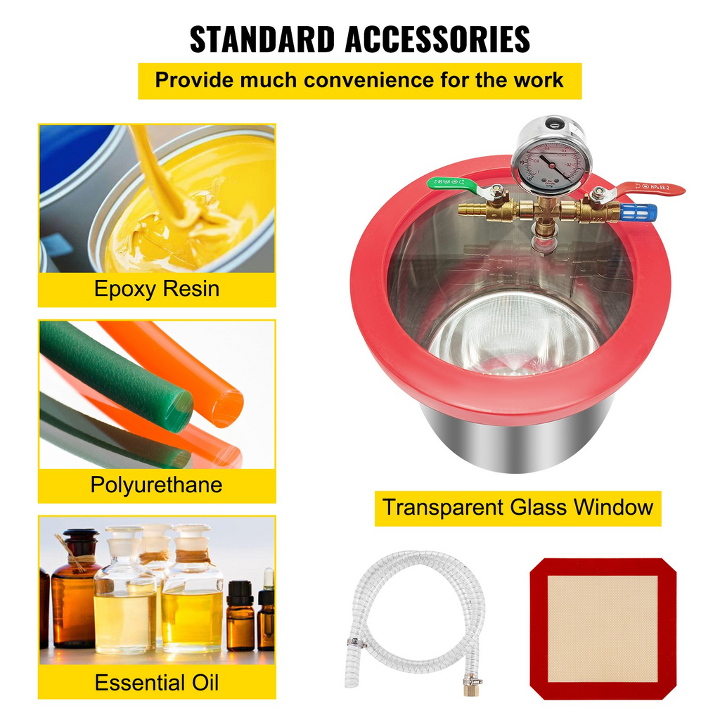 VEVOR Kit de cámara de desgasificación al vacío de 1,5 galones  acero inoxidable Kit de cámara de vacío de 5,7 L con bomba de vacío de 2,5 CFM