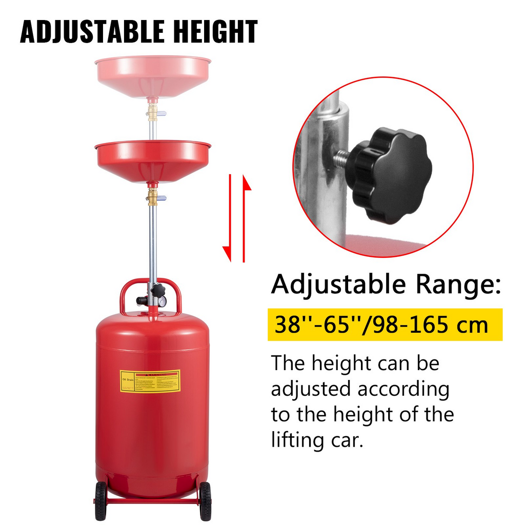 VEVOR Tanque de drenaje de aceite residual de 20 galones, portátil, de transferencia de combustible fluido, altura de embudo ajustable, con válvula reguladora de presión