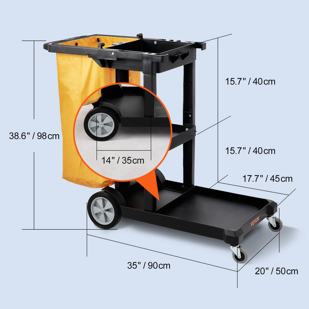 Carro de limpieza VEVOR, carro de limpieza comercial de 3 estantes, carro de limpieza de plástico de capacidad de 200 libras, con bolsa de PVC de 25 galones, 47 x 20 x 38,6 pulgadas, amarillo y negro