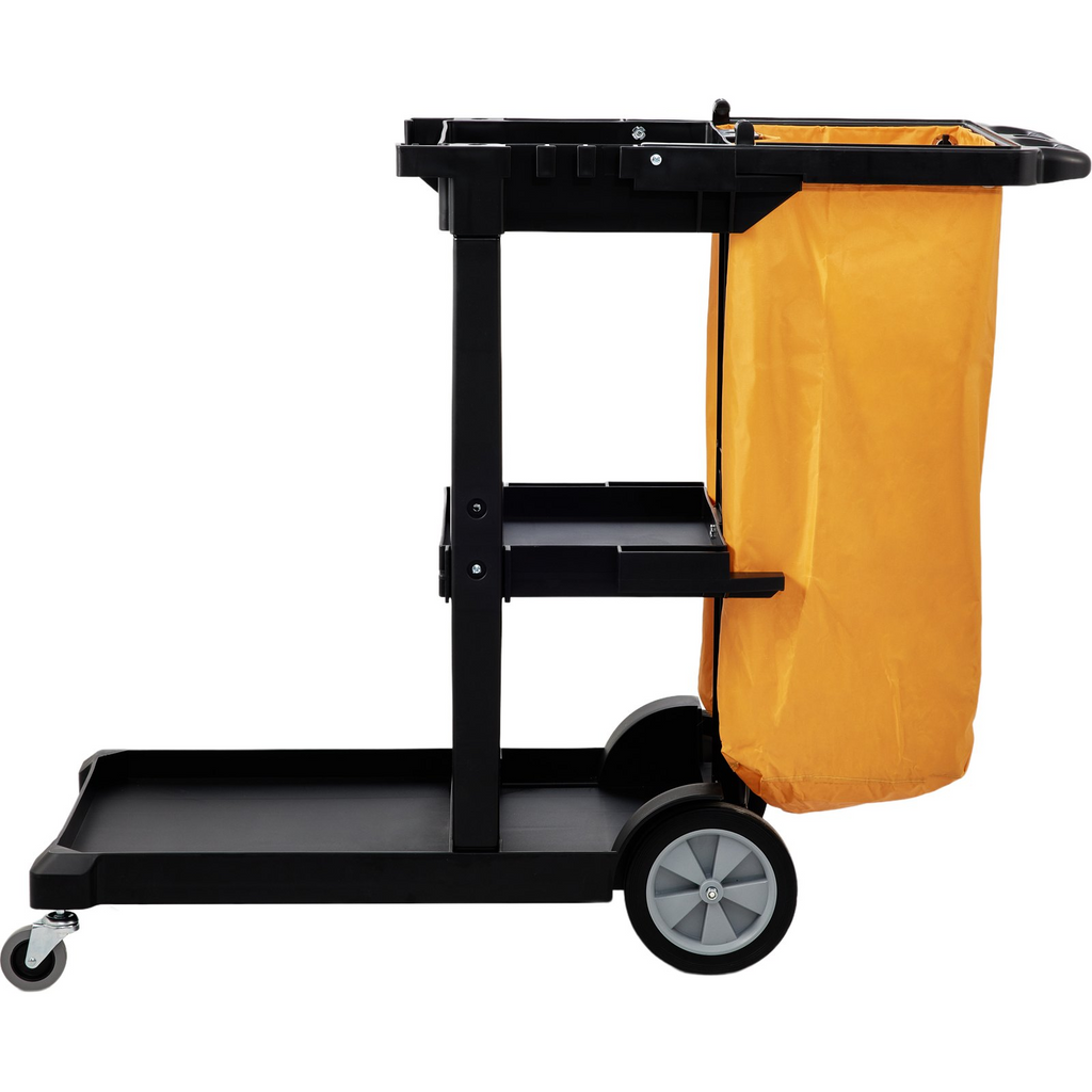 Carro de limpieza VEVOR, carro de limpieza comercial de 3 estantes, carro de limpieza de plástico de capacidad de 200 libras, con bolsa de PVC de 25 galones, 47 x 20 x 38,6 pulgadas, amarillo y negro