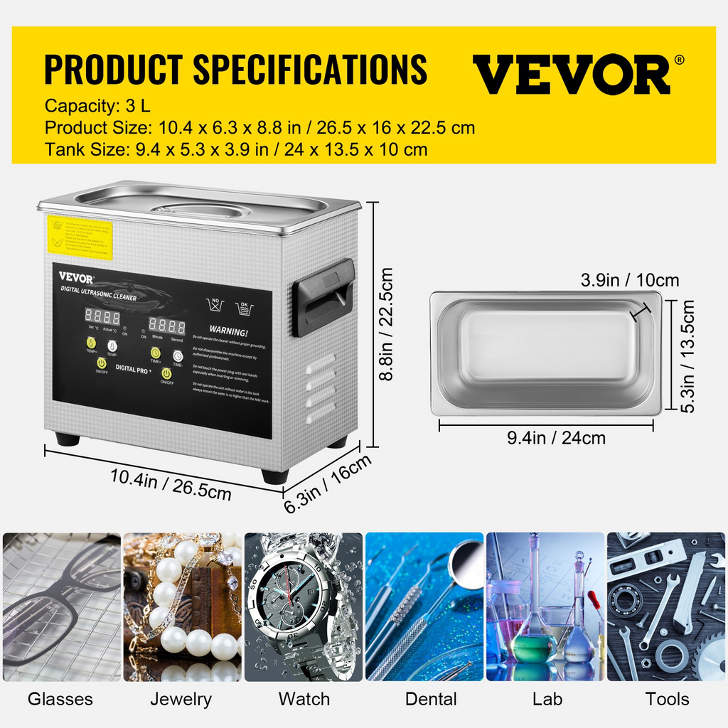 VEVOR Limpiador ultrasónico mejorado de 3 L (calentador de 200 W, ultrasónico de 120 W)  con temporizador de calentador