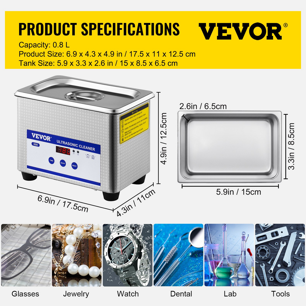 VEVOR Limpiador ultrasónico profesional de 0,8 L de laboratorio digital de acero inoxidable 304 con temporizador para joyería, reloj, gafas