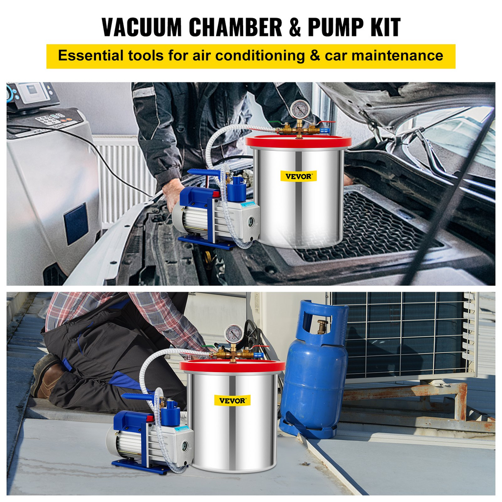 VEVOR Vacuum Chamber with Pump, 5 Gallon Chamber, 5CFM 1/3 HP Single Stage Rotary Vane Vacuum Pump, 110V HVAC Air Tool Set for Stabilizing Wood, Degassing Silicones, Epoxies and Essential Oils