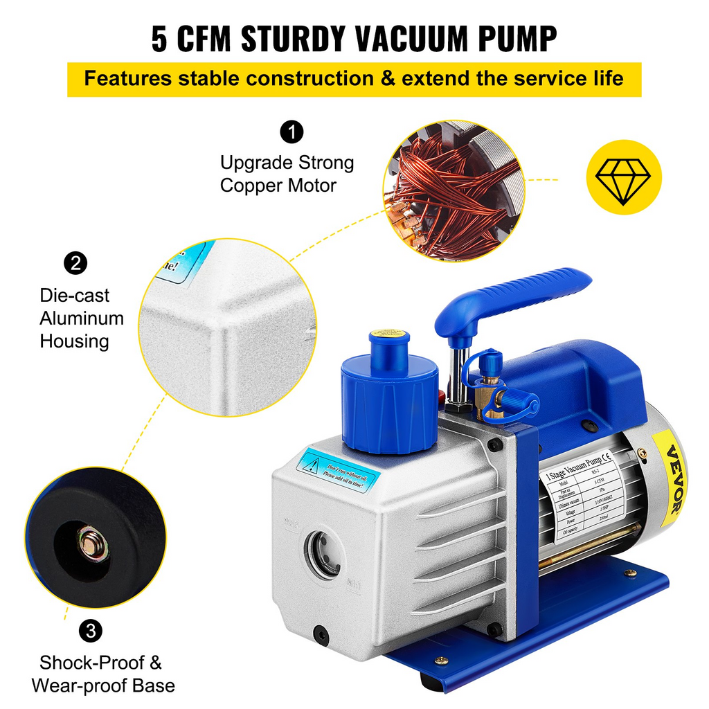 VEVOR Cámara de vacío con bomba, cámara de 5 galones, 5 CFM 1/3 HP bomba de vacío de paletas rotativas de una sola etapa, juego de herramientas de aire HVAC de 110 V para estabilizar madera, desgasificar siliconas, epoxis y aceites esenciales