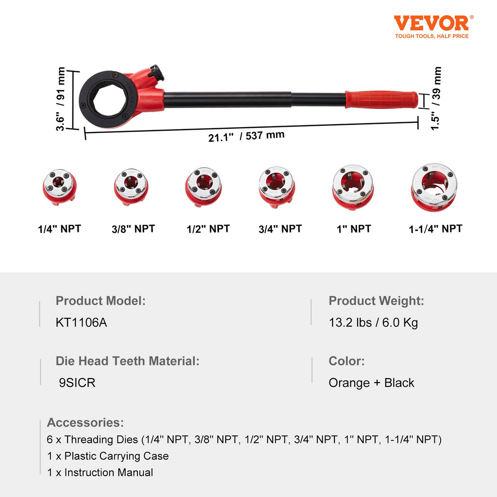 VEVOR Ratchet Pipe Threader Kit, 1/4" NPT - 1-1/4" NPT Manual Ratcheting Pipe Threader, Portable Pipe Threading Tool Set with 6PCS NPT Dies, Storage Case for Galvanized Aluminum Iron Copper Pipes