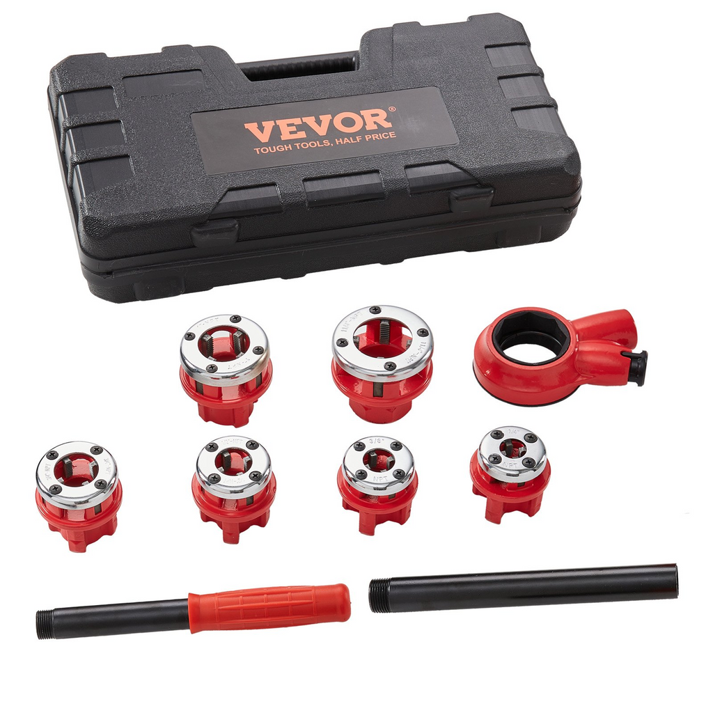 VEVOR Ratchet Pipe Threader Kit, 1/4" NPT - 1-1/4" NPT Manual Ratcheting Pipe Threader, Portable Pipe Threading Tool Set with 6PCS NPT Dies, Storage Case for Galvanized Aluminum Iron Copper Pipes