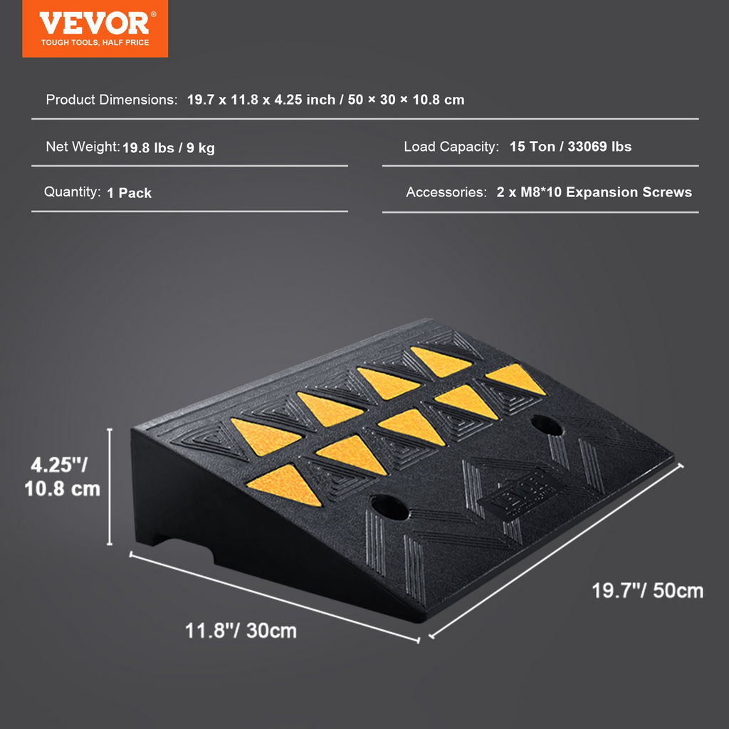 VEVOR Rubber Curb Ramp 4.25" Rise Height Sidewalk Curb Ramp, 11.8" Width 19.7" Length Driveway Ramp for Curb, 15T Heavy Duty Rubber Ramp for Forklifts, Trucks, Buses, Cars, Wheelchairs, Bikes