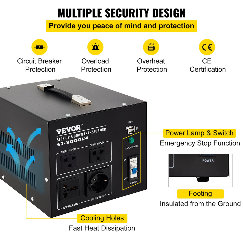 VEVOR-convertidor de voltaje reductor, transformador reductor, 3000W, 240V-110V, 110V-240V,