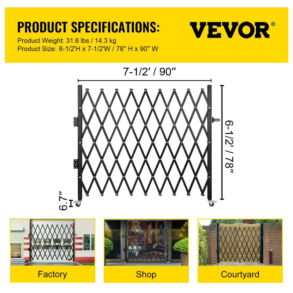 VEVOR Puerta de seguridad plegable individual, 7.1'H x 7.9' W （85 x 95 pulgadas）Puerta plegable, acordeón de acero