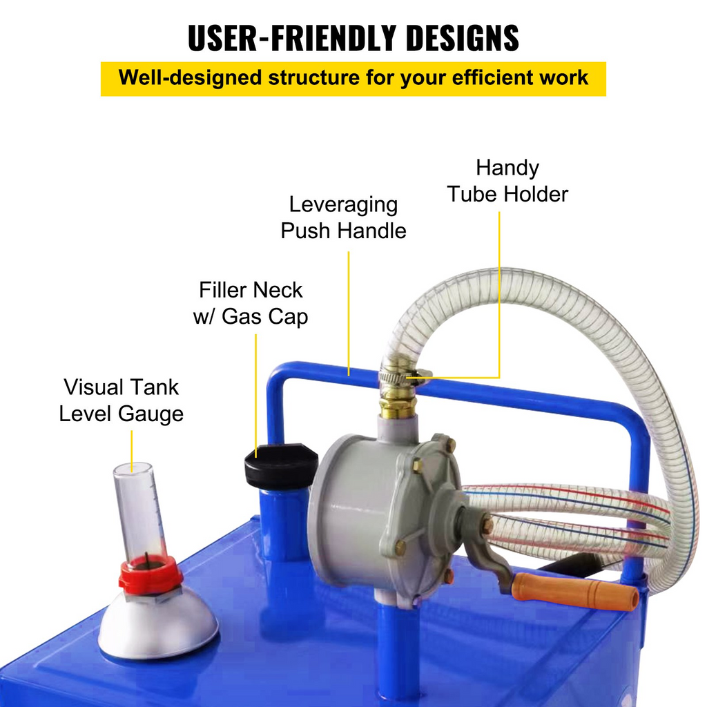 VEVOR Carrito de combustible de 30 galones, tanque de almacenamiento de gas y 4 ruedas, con bomba de transferencia Manual azul