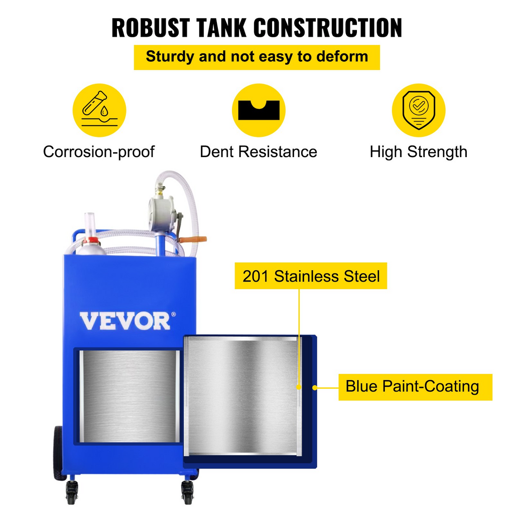 VEVOR Carrito de combustible de 30 galones, tanque de almacenamiento de gas y 4 ruedas, con bomba de transferencia Manual azul