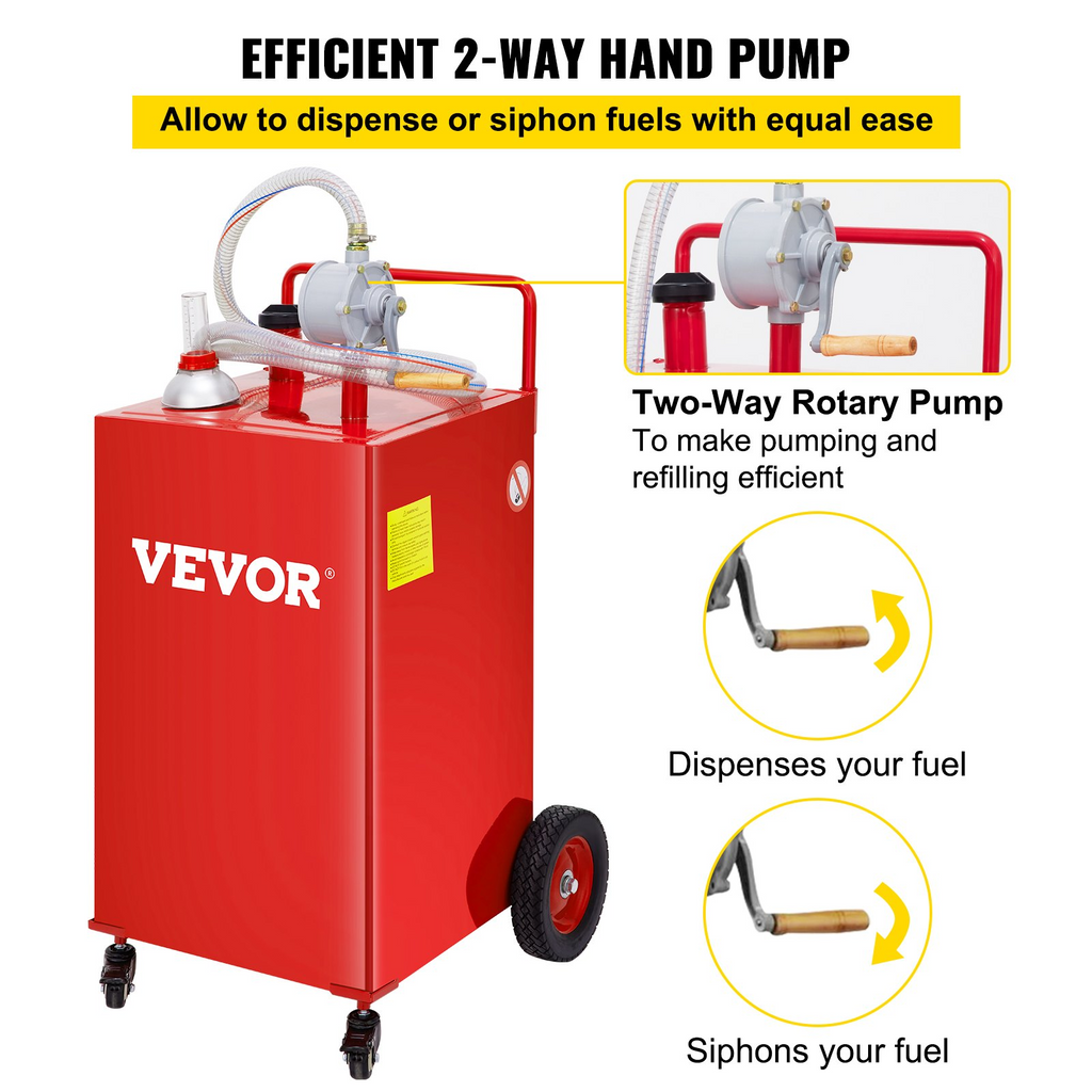 VEVOR Carrito de combustible de 30 galones, tanque de almacenamiento de gas y 4 ruedas, con bomba de transferencia Manuel, contenedor de combustible diésel de gasolina para automóviles rojo