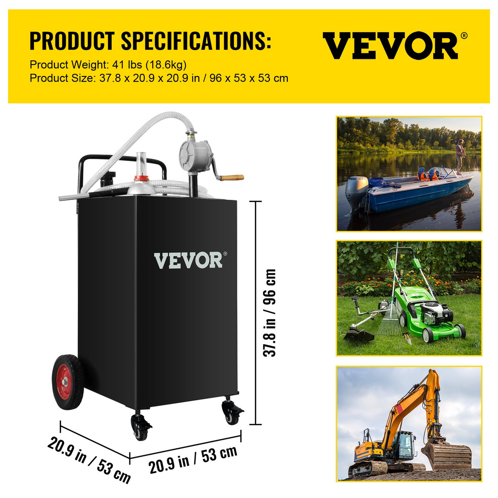 VEVOR Carrito de combustible de 30 galones, tanque de almacenamiento de gas y 4 ruedas, con bomba de transferencia Manual negro