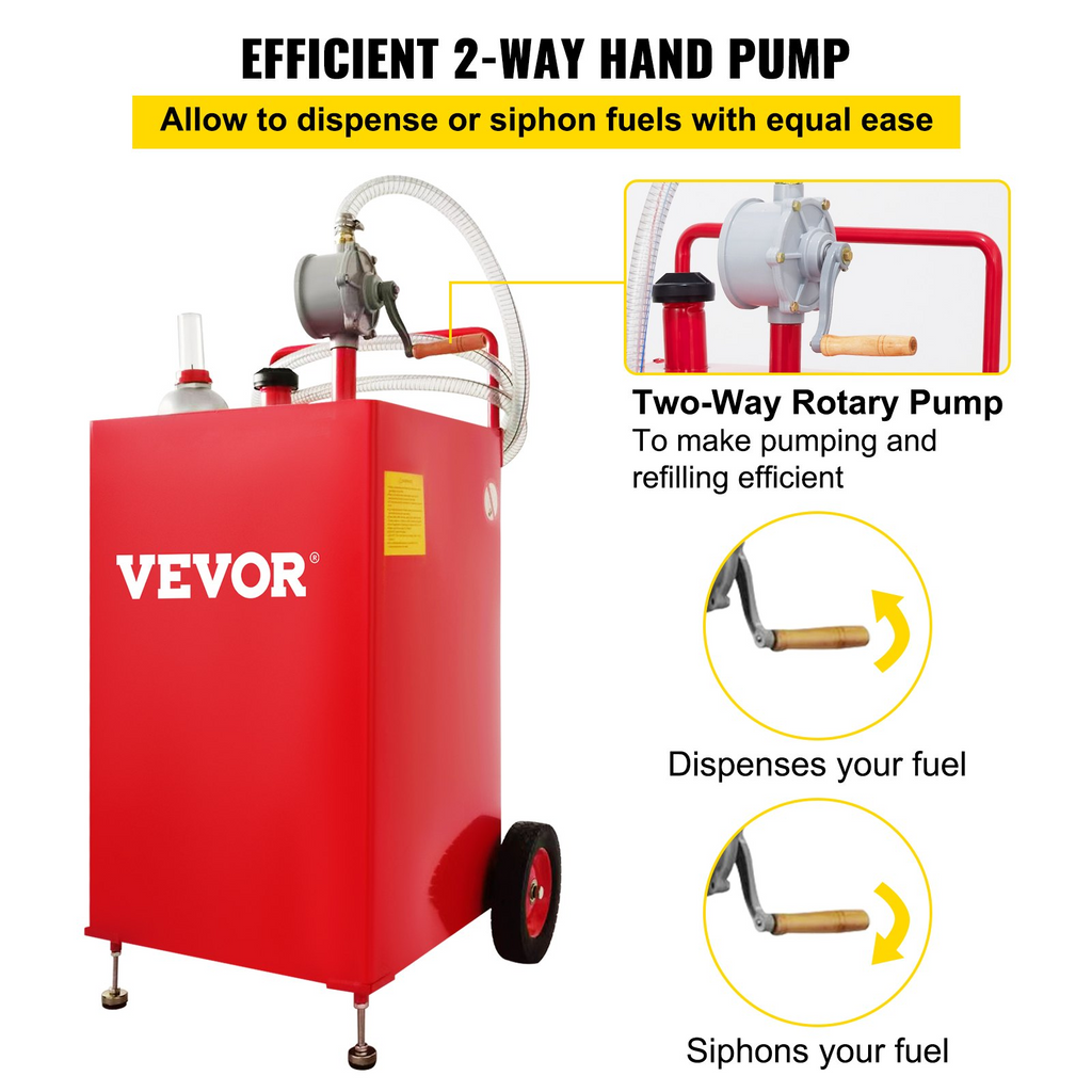 VEVOR Carrito de combustible de 30 galones, tanque de almacenamiento de combustible en 2 ruedas, carrito de gas portátil con bomba de transferencia Manual rojo