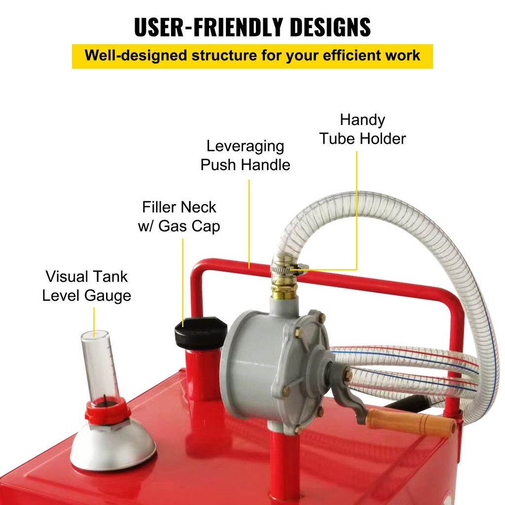 VEVOR Carrito de combustible de 30 galones, tanque de almacenamiento de combustible en 2 ruedas, carrito de gas portátil con bomba de transferencia Manual rojo