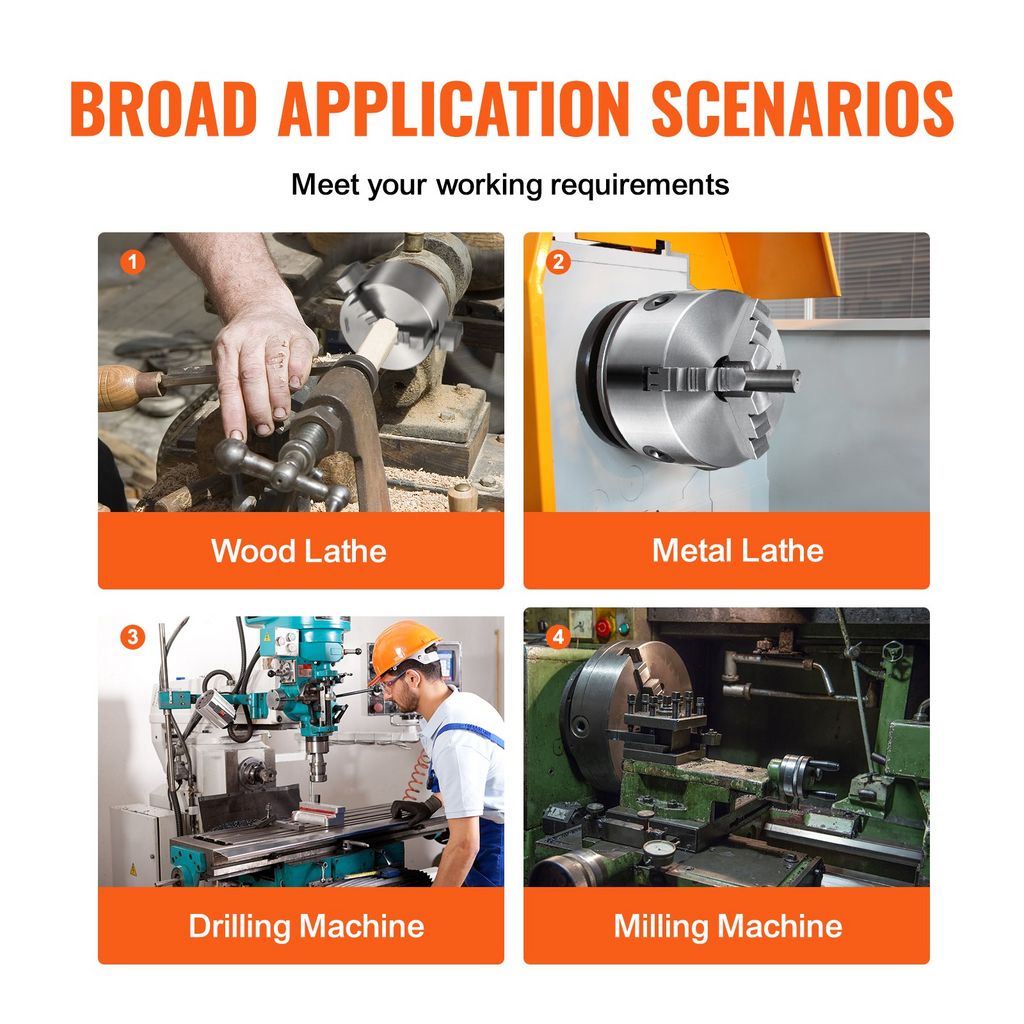 VEVOR Portabrocas de torno de 3 mordazas, 6'', mandril de torno autocentrante, rango de sujeción de 0,14-6,3 pulgadas/3,5-160 mm con tornillos de fijación con llave en T