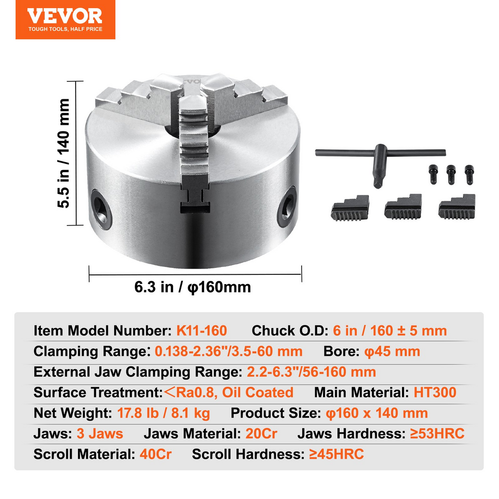 VEVOR Portabrocas de torno de 3 mordazas, 6'', mandril de torno autocentrante, rango de sujeción de 0,14-6,3 pulgadas/3,5-160 mm con tornillos de fijación con llave en T