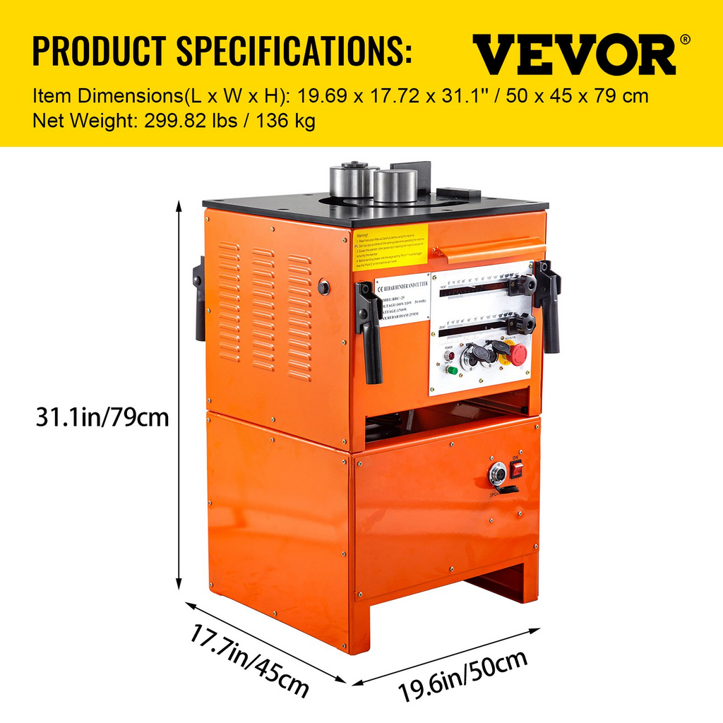 VEVOR Dobladora hidráulica de barras de refuerzo eléctrica de 1700 vatios, diámetro máximo de barras de refuerzo de 1''/25 mm