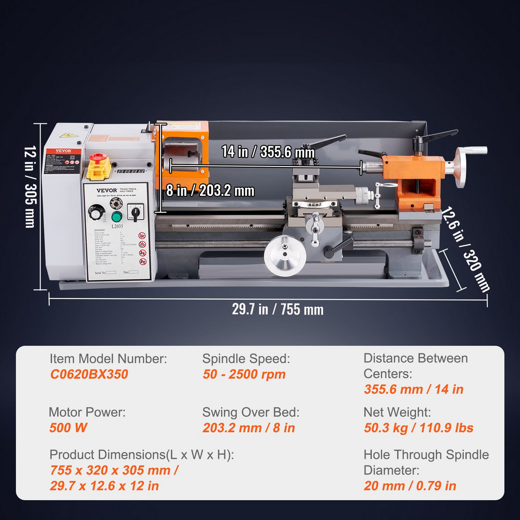 VEVOR Máquina de torno de metal, 7.87'' x 13.78'',  velocidad continuamente variable de 50-2500 RPM, engranajes de metal de motor de cepillo de 500 W