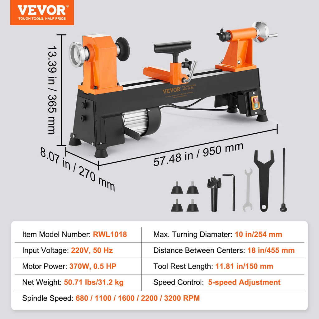 VEVOR Torno de madera de mesa, 10 x 18 pulgadas, 0,5 HP 370 W de potencia 5 velocidades variables 780/1320/1920/2640/3840 RPM con llaves de inyección de varilla