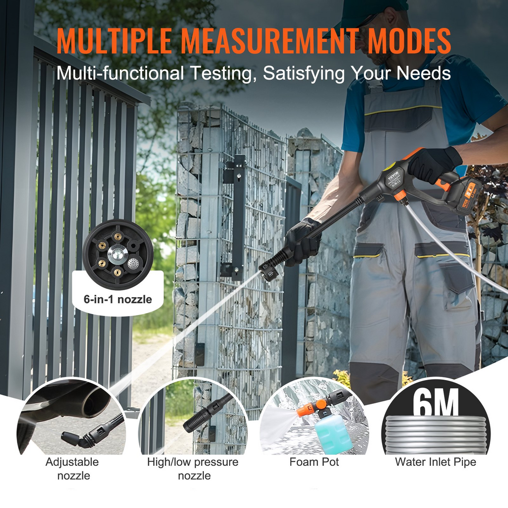 VEVOR Lavadora a presión inalámbrica, limpiador eléctrico portátil de 652 PSI 1.1 GPM, pistola de lavado de autos de alta presión de mano con batería de 4.0 Ah, cargador, boquilla 6 en 1,