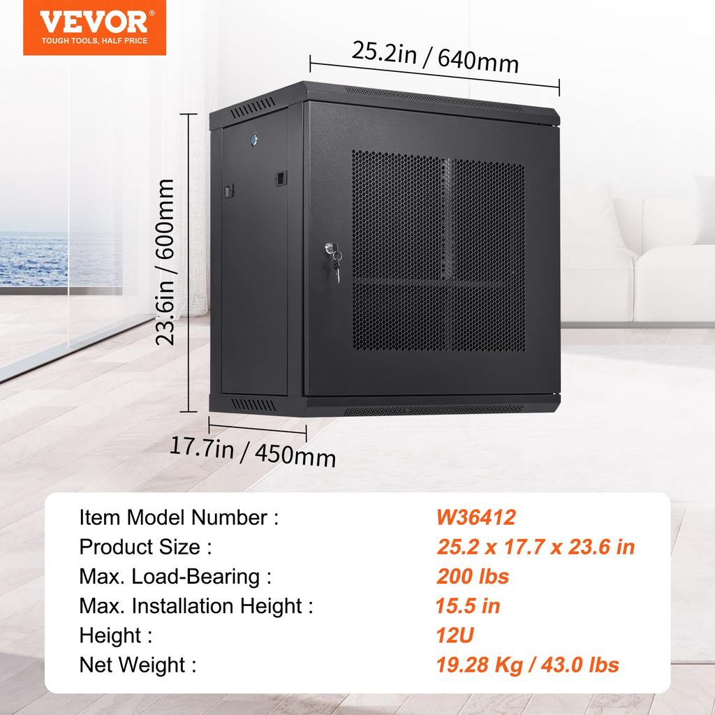 VEVOR Gabinete para servidores de red de montaje en pared de 12U, 15,5 pulgadas de profundidad, gabinete para gabinete en rack para servidores, 200 lbs máx.