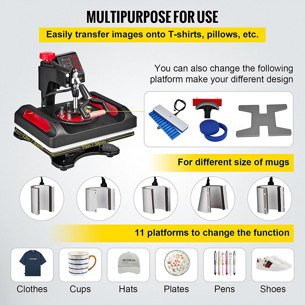 VEVOR Prensa de calor 11 en 1, 12 x 15 pulgadas, impresora multifuncional tipo concha, máquina de transferencia de prensa de calor digital de doble tubo, diseño abatible de 360°