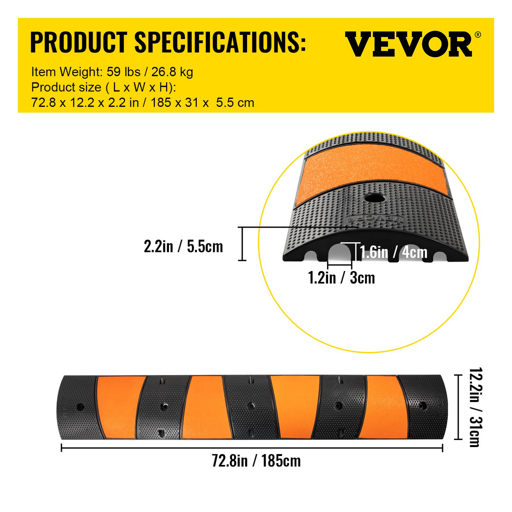 VEVOR Tope de velocidad de goma, 1 paquete de 2 canales 72 pulgadas de largo modular de velocidad nominal de carga de 22000 libras, 72,8 x 12,2 x 2,2