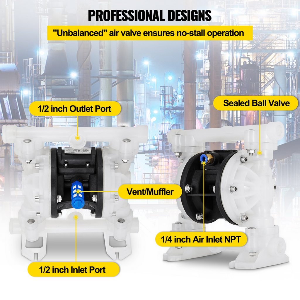 VEVOR Air-Operated Double Diaphragm Pump, 1/2 in Inlet & Outlet, Polypropylene Body, 8.8 GPM & Max 120PSI, PTFE Diaphragm Pneumatic Transfer Pump for Petroleum, Diesel, Oil & Low Viscosity Fluids