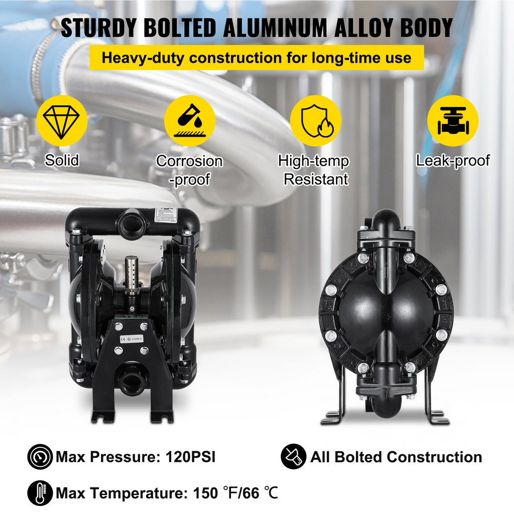 VEVOR Air-Operated Double Diaphragm Pump 1 inch Inlet Outlet Aluminum 35 GPM Max 120PSI for Industrial Use, QBY4-25LF46-1inch-35