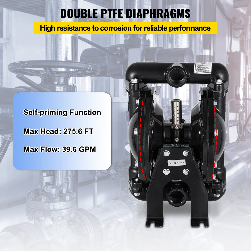 VEVOR Air-Operated Double Diaphragm Pump 1 inch Inlet Outlet Aluminum 35 GPM Max 120PSI for Industrial Use, QBY4-25LF46-1inch-35