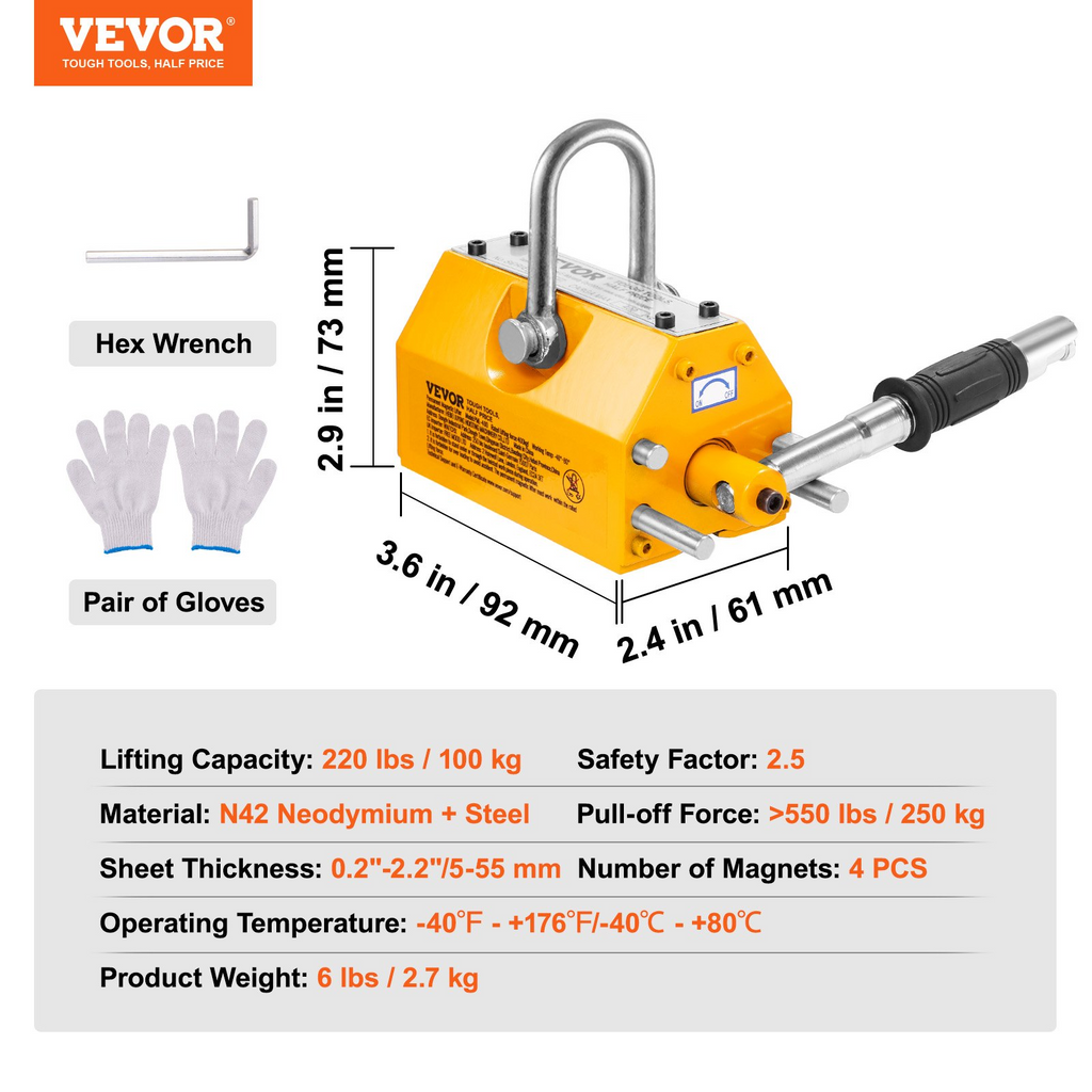 VEVOR Elevador magnético, capacidad de tracción de 220 lbs/100 kg, factor de seguridad 2,5, neodimio y acero, imán de elevación con liberación