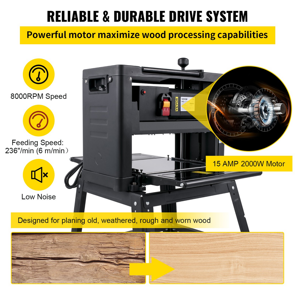 Cepilladora de sobremesa VEVOR, cepilladora de 13 pulgadas de espesor, cepilladora de carpintería de 1800W 8000RPM, velocidad de cepillado de 6m/min con escape de polvo con soporte de hierro