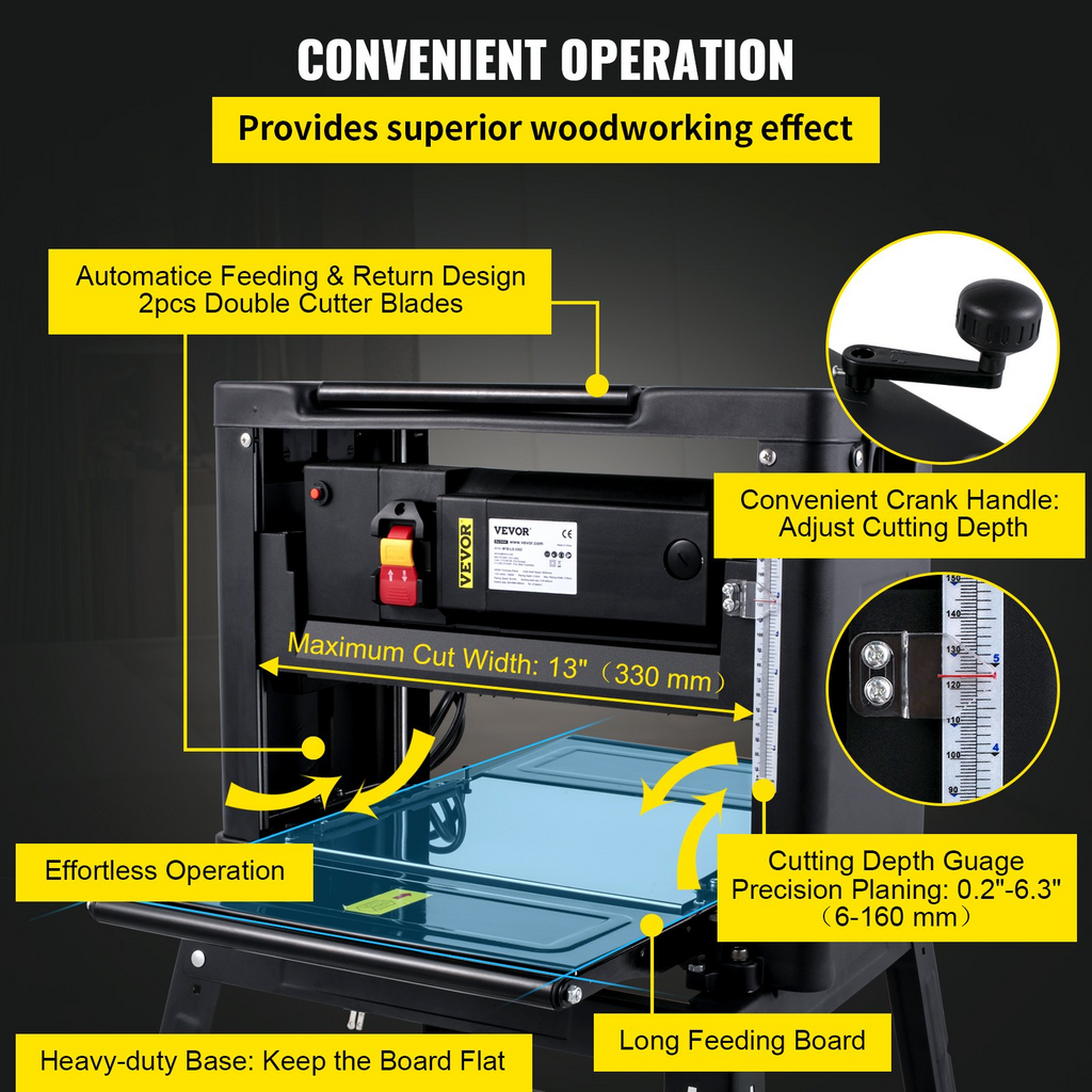 Cepilladora de sobremesa VEVOR, cepilladora de 13 pulgadas de espesor, cepilladora de carpintería de 1800W 8000RPM, velocidad de cepillado de 6m/min con escape de polvo con soporte de hierro
